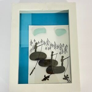 Handmade Pebble‎ Art Fisherman Fishing Scene Framed Wall Art Coastal Decor